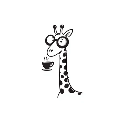 Giraffe with silly glasses trying to drink from a tiny tea cup sticker