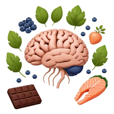brain surrounded by healthy lifestyle choices, exercising, salmon, dark chocolate, blueberries, seeds, leafy greens . brain booster sticker