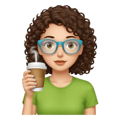White girl with dark brown curly hair, brown eyes, sky blue glasses, apple green t shirt, drinking coffee sticker