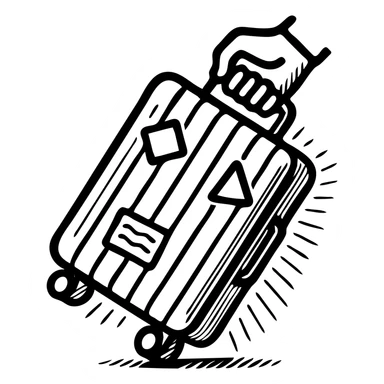 ribbed travel suitcase with handle and wheels, shown at a slight angle or being held in a hand, decorated with travel stickers, bold clear outlines, expressive sharp shadows and highlights, no smooth color gradients sticker