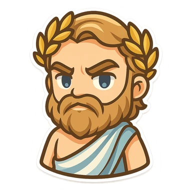 bearded man with laurel wreath, Greek god vibe, modern and bold, gold and blue tones, suitable for Discord emoji sticker