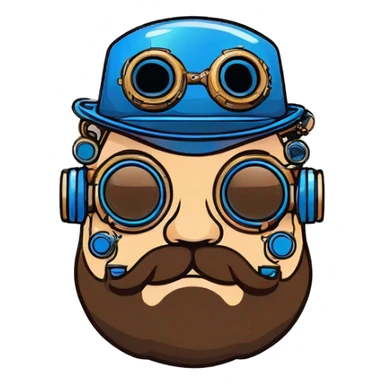 Fat cyborg head with blue steampunk goggles, brown beard and circuits sticker
