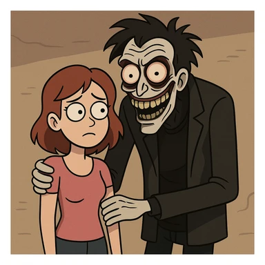 cartoon style girl with boyfriend, creepy and exaggerated, dark tones sticker