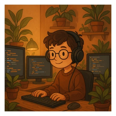 a young coder boy with headset, surrounded by monitors and plants, cozy workspace, warm and inviting environment sticker