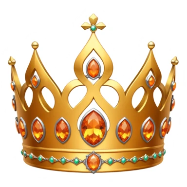 gold tiara with orange stones and a crusader emblem sticker