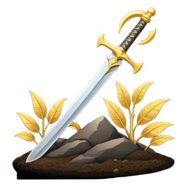 Minimalist emoji of a single upright sword planted into the ground with a glowing crescent rising behind it, representing inner discipline, Islamic strength, and the start of a new chapter. Flat icon style, transparent background sticker