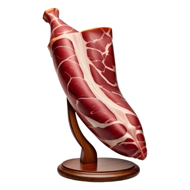 ​Cinematic Realistic Spanish Jamón Leg, depicted as a massive, cured leg of Jamón serrano with a deep reddish-brown hue, intricately marbled and slightly glossy with age, elegantly displayed on a rustic wooden stand and bathed in warm, soft lighting that accentuates its artisanal heritage, sticker