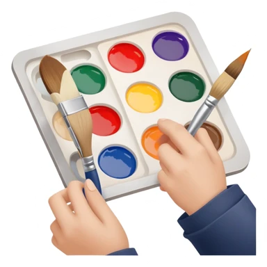 hands holding a paintbrush and palette, simple and friendly sticker