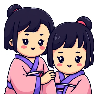 Two adorable Japanese girls with black hair and Asian features, their cheeks touching, kawaii style sticker