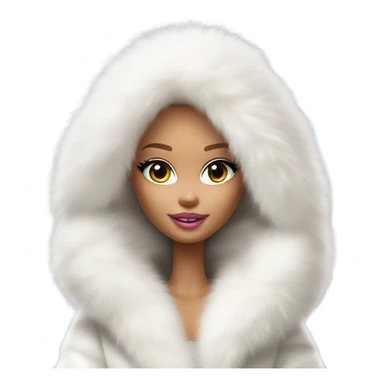Barbie looking emoji  in an extremely big fluffy oversized white fur coat with hood on. The fur is real and it’s very obvious big and fluffy like in Pinterest  sticker