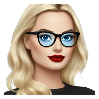 Real Margot Robbie, bright blue eyes and winged eye liner, red kisses, wearing black glasses  sticker