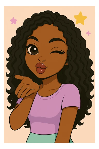 Headshot of a 20-year-old anime Bratz style woman with dark skin, curly hair, winking and blowing a kiss, cute pastel Y2K look, big expressive eyes, glossy lips, happy expression, no hat, no tears. sticker