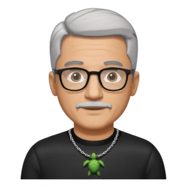 Tony Barceló is a large, strong, lively man in his 70s with short, neatly combed gray hair and a trimmed goatee. He has a broad round face, square glasses, and a confident presence. He wears a black outfit with a silver turtle necklace, reflecting his thoughtful, creative energy as a writer. sticker