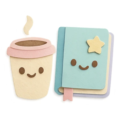 coffee cup and diary notebook with kawaii elements, soft pastel colors sticker