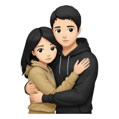 Joven de pelo negro corto y piel morena con poleron negro abrazando por detrás a una joven de pelo negro largo con partidura al medio, de piel blanca con sus manos en los brazos del joven aceptando su abrazo sticker
