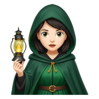 traitor tv show, dark haired woman wearing dark green cloak with hood up who looks very evil and is holding up a lantern sticker