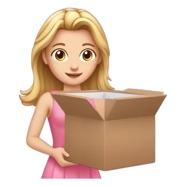 white girl in a pink dress gives a box sticker