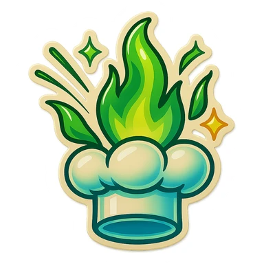chef's hat explode with trails of fires, emoji, playful, magic flame green gradient, vibrant, flame matching style reference file sticker