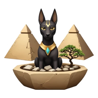  Esthetically Therapeutic silky black-haired tiny statuette young miniature Anubis pyramid scene stone-age cracked irregular dodecagon bonsai pot  sticker