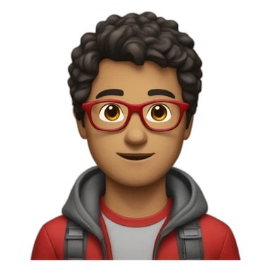 young man with dark hair, red glassess, red tshirt and rocket  sticker