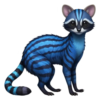 Feral Rare Fantasy iridescent scaly evil spooky vibrant dark shady shaded detailed deep-dark-cobalt-blue-gradients-colored colorful Genet-Trico-Civet-Cacomistle-Tanuki-Margay-species by LiLaiRa, with dark-blackish points, white belly, random markings, tufted tail, tufted ears, full body sticker