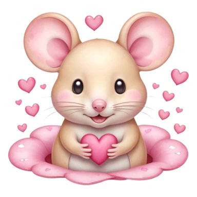 This is a cute watercolor illustration of a small, cream cartoon mouse with large, round, pink-lined ears. The mouse has heart eyes, a small open mouth, and is surrounded by floating pink hearts, conveying a feeling of love, adoration, or strong affection. sticker