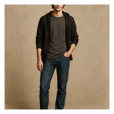 a slender character with dark red hair, brown eyes, casual pose, contemporary look sticker