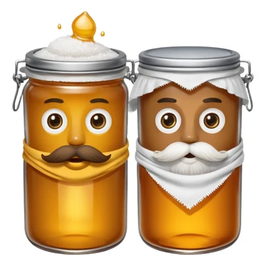 Garama and Madundung are together a gray container of salt and a honey container with a cloth on top. They each have eyes with white in the middle, a mouth, nose, and mustache both customary to their colors. They have hairy legs and emit an aura of salt (Garama), and honey (Madundung). sticker
