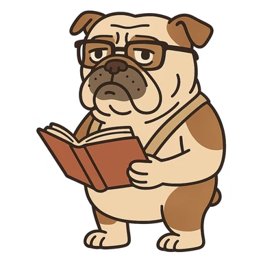 English bulldog guide wearing glasses holding a book cartoon character sticker