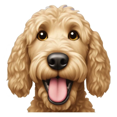 Golden doodle dog showing tongue sticker