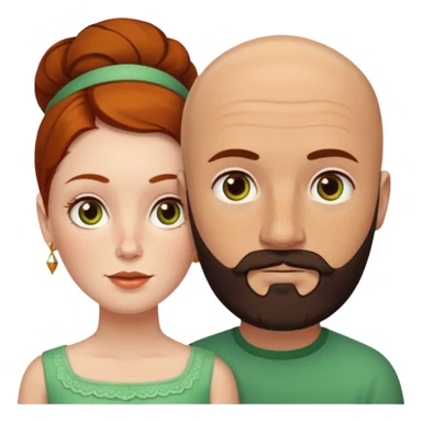 Couple. Bald man with dark brown-black beard. White woman with many small, faded freckles, she has white skin and she has auburn-yellow-brown-cinnamon, dark hair. She has light orange-brown eyes. The man have hazel eyes. They like green. Retro style. sticker
