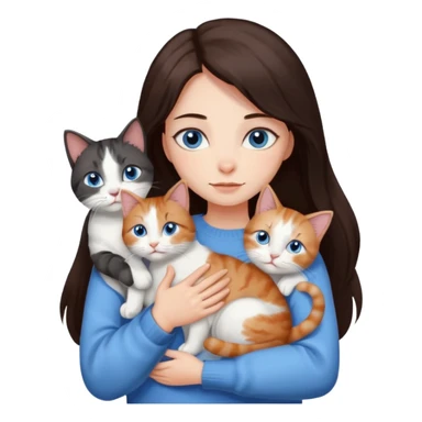 a girl with long dark 
brown hair, with blue eyes, in a
white sweater, hugs 3 different natural coloured cats sticker