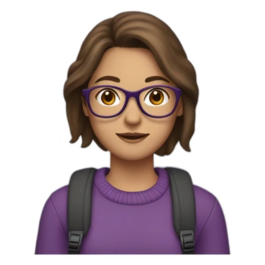 a girl with shoulder-length brown hair, in glasses, with a backpack, in a purple sweater sticker