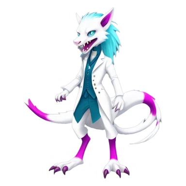 White elegant beautiful natural cute badass epic anthro modern albino sergal-vernid-Fakémon with cyan mane and magenta eyes with cyan edgy stripes, anthropomorphic, two-legged, digitigrade, full body sticker