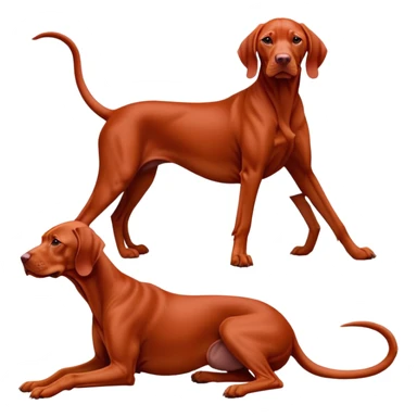 cinematic-[Vizsla-realistic-full-body-sitting-emoji,-tail-resting-loosely-beside-its-paws,-head-tilted-dramatically, -sleek-[red]-fur,-simplified-yet-realistic-focused-features,-highly-detailed,-glowing-with-an-almost-sarcastic-glow sticker