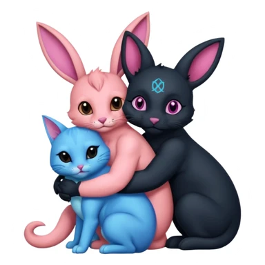 blue bunny, pink cat, turtle, fox, black dog and baphomet hugging sticker