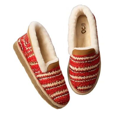 Camel slip-on slippers. thin red woven bohem zig-zag trim on the cuff, and a thick platform sole. “UGG” sticker