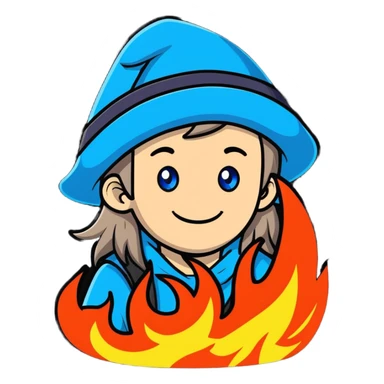 A cool guy with light skin, blue eyes, long hair, smiling, with a fire magic hat sticker