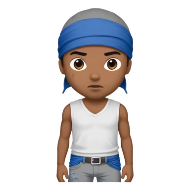 a gangster in torn gray underpants, a white T-shirt, with a blue bandana on his left shoulder and a black cap sticker