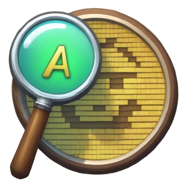 logo in a pixel art style featuring a magnifying glass as the central element. Inside the circular lens of the magnifying glass, place a pixelated letter 'A' sticker