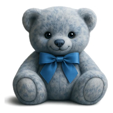 Make the teddy bear's fur a mix of realistic blue and white with soft lighting. Remove the background to make it transparent. The style should be realistic and natural looking. sticker