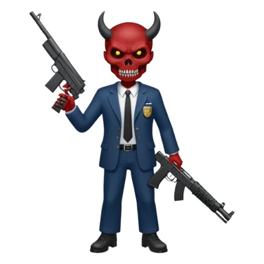 A Demon from hell that is dressed like a fbi agent with a machine gun, full body pointing the machine fun to the left. In the style of your bleeding skull artwork. sticker