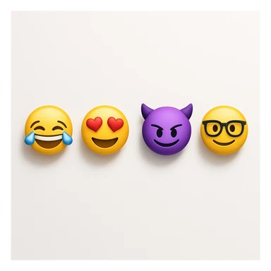 make four emojis on white background with good amount of shadow, four emojis of smiley's only. one laughing, second heart eyes, third purple devil and four black glasses emojis  sticker