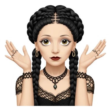 Lene Lovich as seen on the Stateless album cover with a typical symmetrical pose with her hands, lots of lace and braided hair sticker