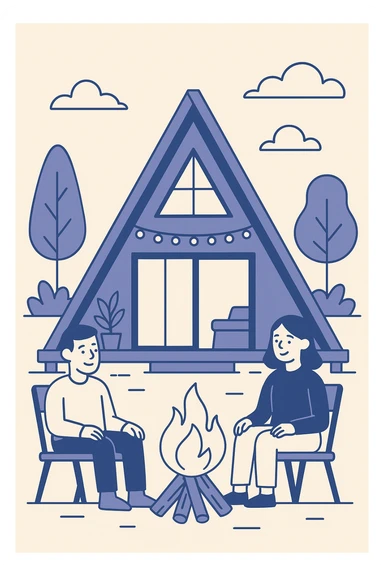 A-Frame house in a glamping setting, cozy and inviting, surrounded by nature, with a campfire or string lights, modern illustration style sticker