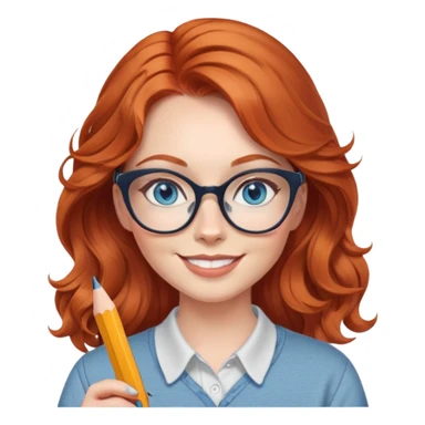 redheaded woman with long wavy hair, blue eyes, cat-eye glasses, casual outfit, holding a pencil, smiling sticker
