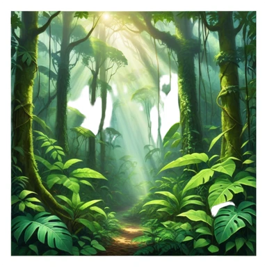Cinematic Realistic Rainforest Emoji in a wooden frame, Lush and vibrant, filled with towering trees, thick vines, and dense green foliage, sunlight filtering through the canopy above, creating dappled patches of light on the rich, diverse undergrowth. The air is heavy with moisture, with mist rising from the forest floor and distant calls of exotic birds and animals echoing through the trees. Soft glowing outline, capturing the essence of a thriving, untamed tropical paradise filled with life! sticker