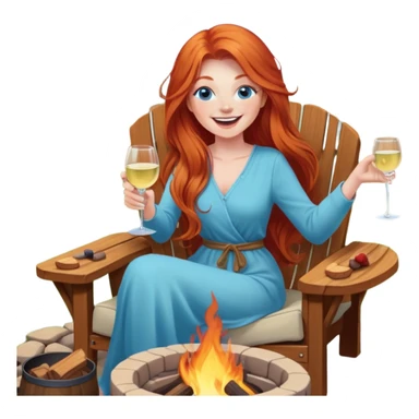 Laughing redhead with long hair and blue eyes holding white wine sitting in chair beside fire pit in backyard sticker