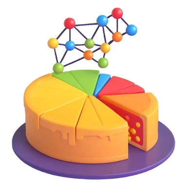 stylized neural network with data points flowing into a pie chart, 3D emoji style sticker