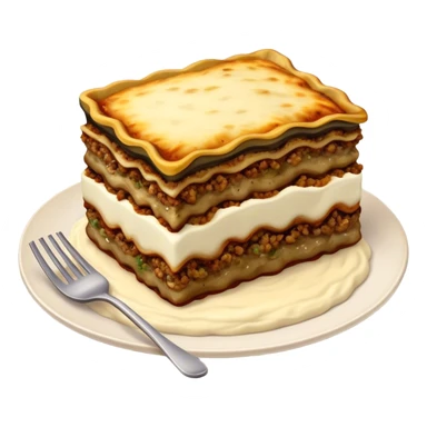 Moussaka Cinematic Realistic Moussaka Dish Emoji, depicted as a rustic serving of moussaka with layers of soft eggplant, ground meat, and a creamy topping featuring a delightfully crispy corner, rendered with rich textures and warm, inviting lighting. sticker